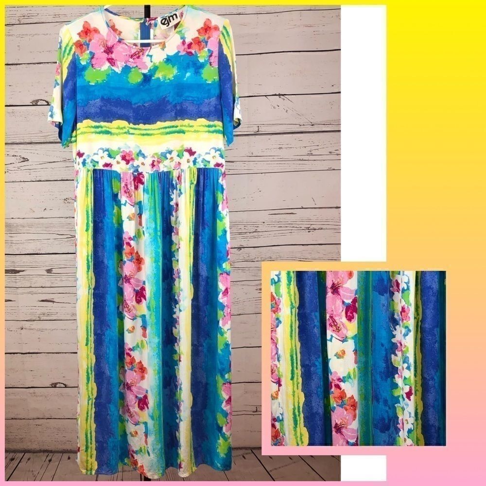 EJM Vintage Hawaiian Hibiscus Rayon Striped Dress